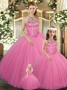 Sleeveless Tulle Floor Length Lace Up 15 Quinceanera Dress in Rose Pink with Beading