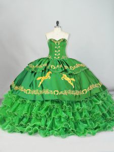Green Sleeveless Brush Train Embroidery and Ruffled Layers Quinceanera Dress