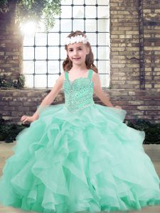 Apple Green Lace Up Child Pageant Dress Beading and Ruffles Sleeveless Floor Length