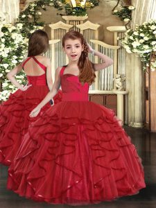 Super Red Lace Up Straps Ruffles Little Girls Pageant Dress Tulle Sleeveless