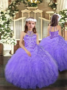 Lavender Sleeveless Floor Length Beading and Ruffles Lace Up Girls Pageant Dresses