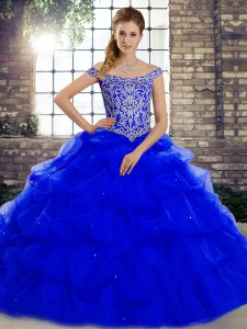 Spectacular Royal Blue Off The Shoulder Lace Up Beading and Pick Ups Sweet 16 Dress Brush Train Sleeveless