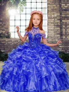 Exquisite Halter Top Sleeveless Organza Pageant Gowns For Girls Beading and Ruffles Lace Up