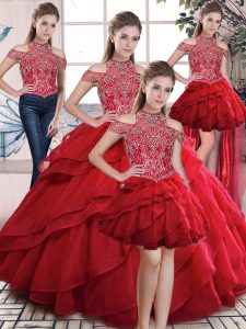 Organza High-neck Sleeveless Lace Up Beading and Ruffles Quinceanera Gowns in Red