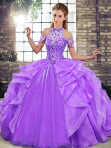 Lavender Halter Top Neckline Beading and Ruffles Quinceanera Dresses Sleeveless Lace Up