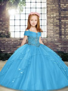 Inexpensive Blue Straps Lace Up Beading Little Girl Pageant Dress Sleeveless