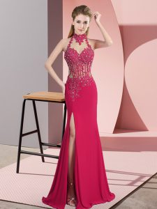 Elegant Hot Pink Chiffon Backless Prom Dress Sleeveless Floor Length Beading