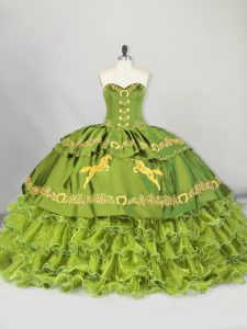 Luxurious Sweetheart Sleeveless Sweet 16 Dresses Brush Train Embroidery and Ruffled Layers Olive Green Satin and Organza