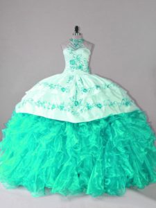 Turquoise Sweet 16 Dress Sweet 16 and Quinceanera with Embroidery and Ruffles Halter Top Sleeveless Court Train Lace Up