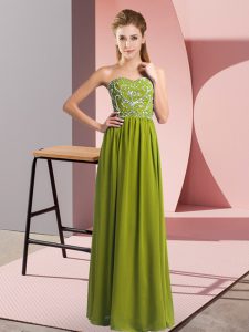 Eye-catching Sleeveless Floor Length Beading Lace Up Homecoming Dress with Olive Green