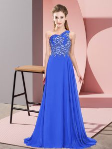 Charming Sleeveless Chiffon Floor Length Side Zipper Prom Party Dress in Blue with Beading