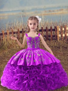 Beautiful Lilac Fabric With Rolling Flowers Lace Up Straps Sleeveless Little Girl Pageant Dress Sweep Train Embroidery