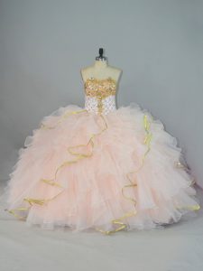 Peach Sleeveless Floor Length Beading and Ruffles Lace Up Quinceanera Dresses
