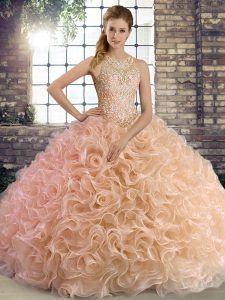 Free and Easy Sleeveless Floor Length Beading Lace Up Quinceanera Dresses with Peach