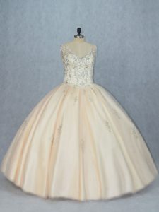 Ball Gowns Quinceanera Dresses Champagne V-neck Tulle Sleeveless Floor Length Lace Up