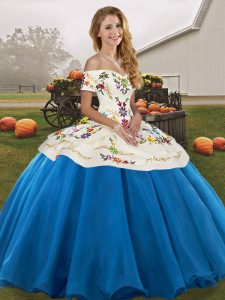 Enchanting Ball Gowns 15th Birthday Dress Blue And White Off The Shoulder Tulle Sleeveless Floor Length Lace Up