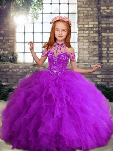 Straps Sleeveless Child Pageant Dress Floor Length Beading and Ruffles Purple Tulle