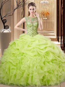 Yellow Green Scoop Neckline Beading and Ruffles and Pick Ups Quinceanera Dresses Sleeveless Lace Up