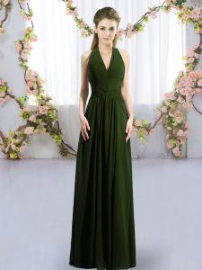 Artistic Olive Green Lace Up Quinceanera Court of Honor Dress Ruching Sleeveless Floor Length