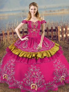 Dramatic Organza Off The Shoulder Sleeveless Lace Up Embroidery Quince Ball Gowns in Fuchsia