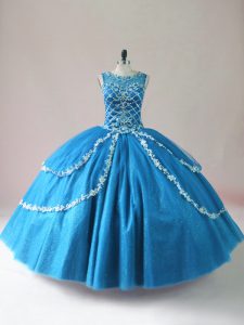Beading and Appliques Quinceanera Gown Baby Blue Lace Up Sleeveless Floor Length