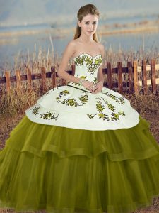 Cute Olive Green Ball Gowns Sweetheart Sleeveless Tulle Floor Length Lace Up Embroidery and Bowknot Quinceanera Dresses
