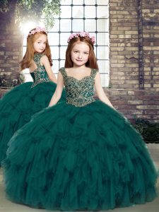 Teal Ball Gowns Tulle Straps Sleeveless Beading and Ruffles Floor Length Lace Up Child Pageant Dress
