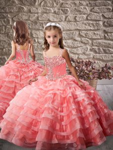 Watermelon Red Straps Lace Up Beading and Ruffled Layers Kids Pageant Dress Brush Train
