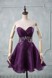 Modest Purple Lace Up Sweetheart Appliques and Ruching Prom Party Dress Organza Sleeveless