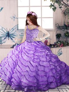 Lavender Lace Up Straps Beading and Ruffled Layers Little Girls Pageant Gowns Organza Sleeveless Brush Train
