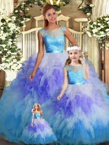 Multi-color Ball Gown Prom Dress Military Ball and Sweet 16 and Quinceanera with Lace and Ruffles Scoop Sleeveless Backl