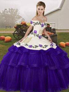 High End Embroidery and Ruffled Layers Quinceanera Gown Purple Lace Up Sleeveless Brush Train