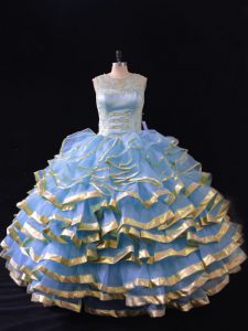 Nice Blue Quince Ball Gowns Sweet 16 and Quinceanera with Ruffled Layers Scoop Sleeveless Lace Up