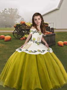 Luxurious Olive Green Sleeveless Embroidery Floor Length Child Pageant Dress
