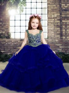 Glorious Sleeveless Organza Floor Length Lace Up Little Girls Pageant Dress in Royal Blue with Beading and Ruffles