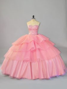 Deluxe Sleeveless Brush Train Lace Up Beading and Ruffles Quinceanera Gown