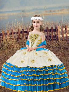 Baby Blue Organza Lace Up Little Girls Pageant Dress Wholesale Sleeveless Floor Length Beading and Embroidery and Ruffle