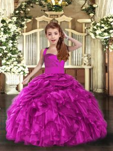 Sleeveless Organza Floor Length Lace Up Girls Pageant Dresses in Fuchsia with Ruffles
