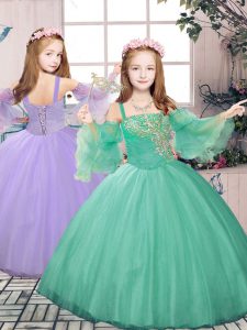 Excellent Turquoise Lace Up Little Girl Pageant Dress Beading and Appliques Sleeveless Floor Length