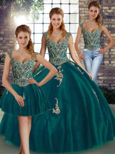 Peacock Green Tulle Lace Up Straps Sleeveless Floor Length Quinceanera Dresses Beading and Appliques