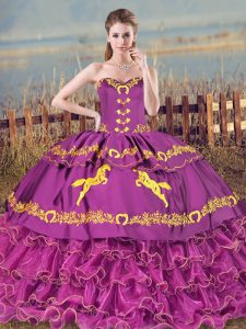 Super Purple Sweetheart Neckline Embroidery and Ruffles Quinceanera Dress Sleeveless Lace Up