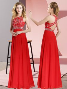 Beautiful Sleeveless Chiffon Floor Length Backless Evening Dress in Red with Beading
