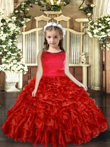 Red Backless Little Girls Pageant Dress Wholesale Ruffles Sleeveless Floor Length