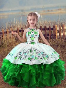 Custom Designed Green Lace Up Little Girls Pageant Dress Wholesale Embroidery and Ruffles Sleeveless Floor Length