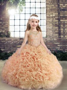 High Class Floor Length Peach Pageant Gowns For Girls Sleeveless Beading
