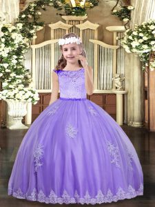 Lavender Tulle Zipper Scoop Sleeveless Floor Length Girls Pageant Dresses Lace and Appliques