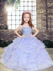 Sleeveless Floor Length Beading and Ruffles Lace Up Little Girl Pageant Dress with Lavender