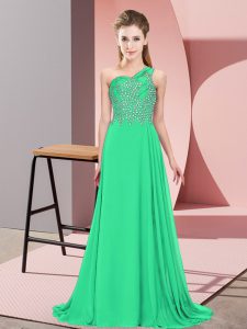 Custom Design Turquoise Chiffon Side Zipper One Shoulder Sleeveless Floor Length Prom Dresses Beading