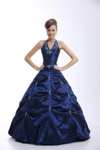 Fine Royal Blue 15 Quinceanera Dress For with Embroidery and Pick Ups Halter Top Sleeveless Lace Up