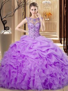 Sophisticated Lavender Ball Gowns Organza Scoop Sleeveless Beading and Ruffles and Pick Ups Floor Length Lace Up Quincea